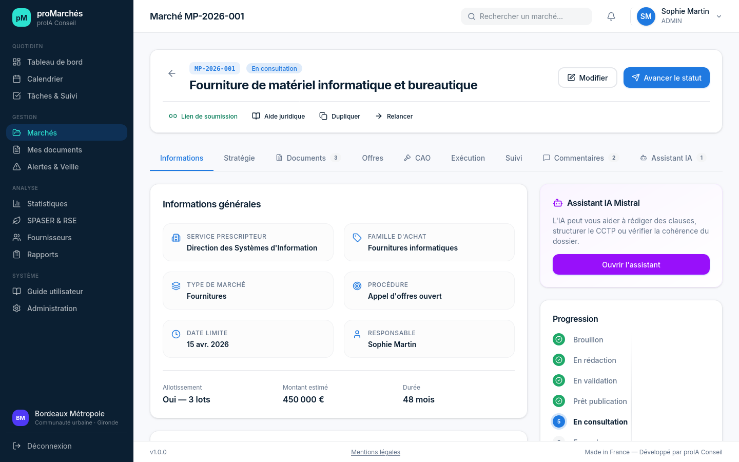 Fiche marché avec 9 onglets
